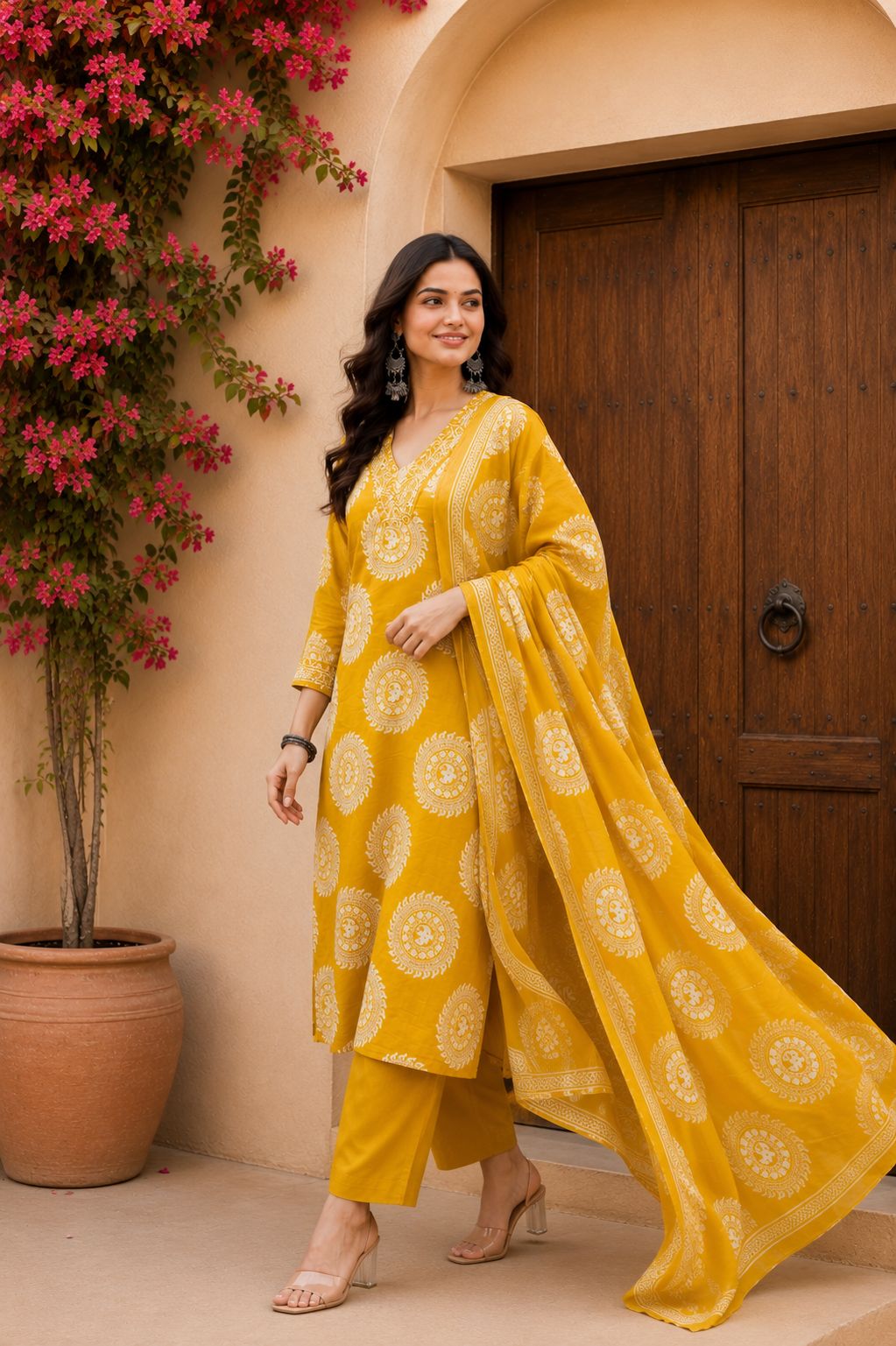 Yellow Printed Kurta Set With Dupatta  thumbnail 2