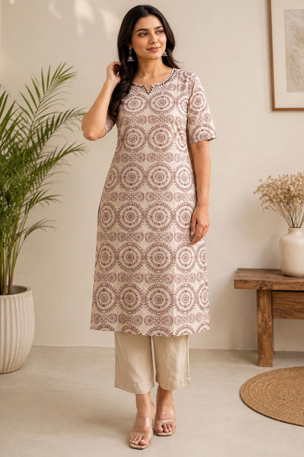 Beige Mandala Printed Cotton Kurta & Palazzo Set