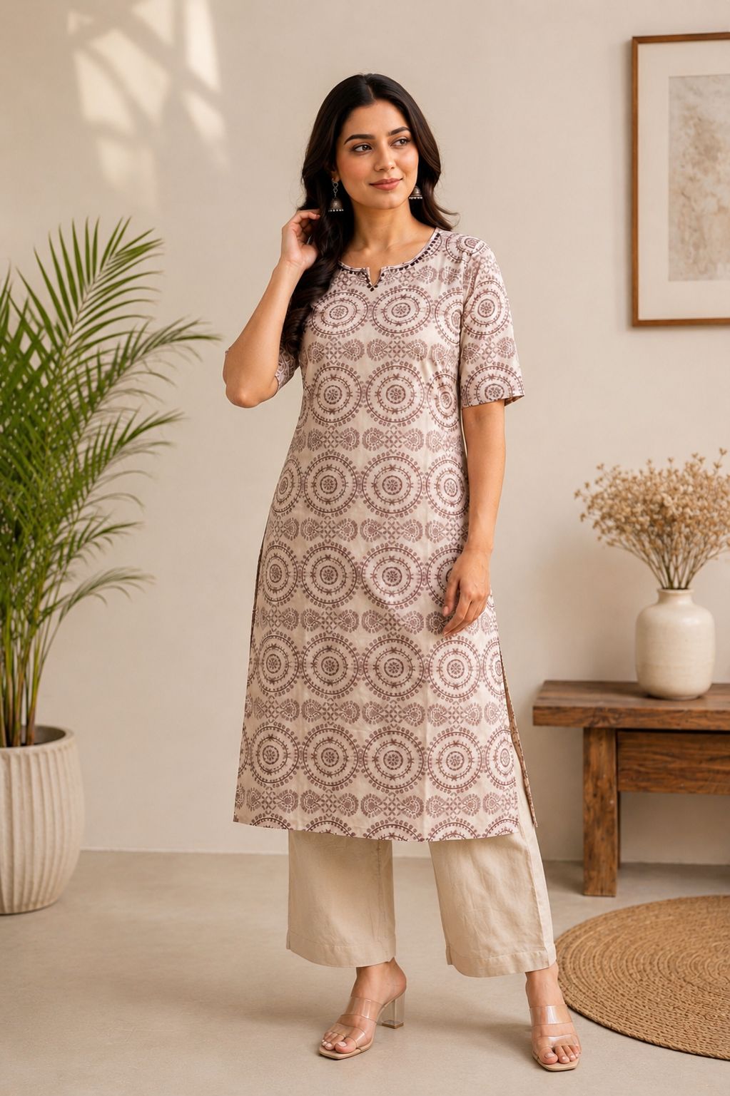 Beige Mandala Printed Cotton Kurta & Palazzo Set thumbnail 2