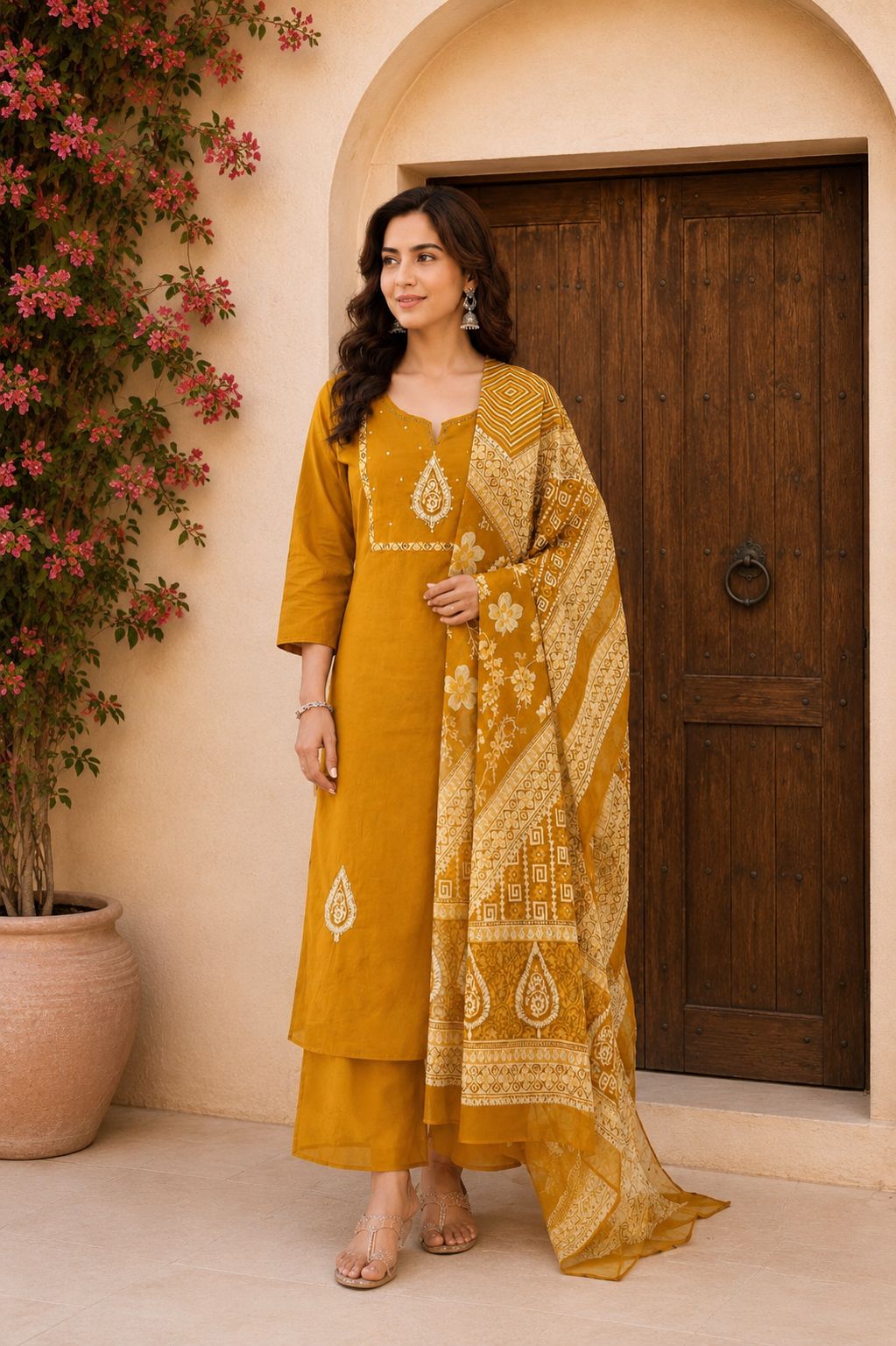 Mustard Yellow Embroidered Kurta Set with Printed Dupatta