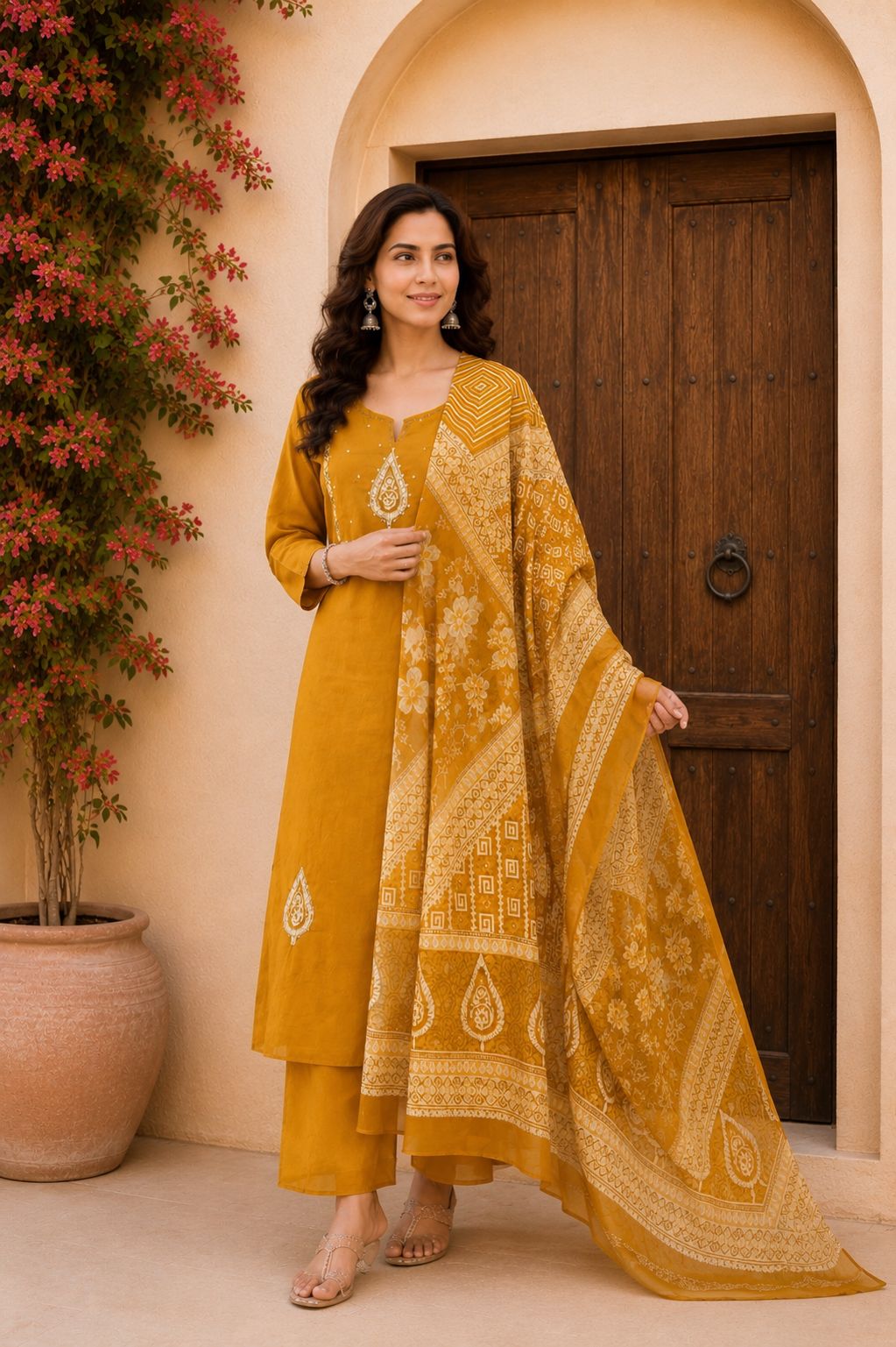 Mustard Yellow Embroidered Kurta Set with Printed Dupatta thumbnail 2