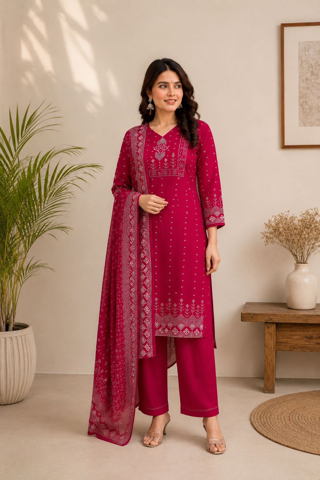 Magenta Ethnic Printed Kurta Pant & Dupatta Set