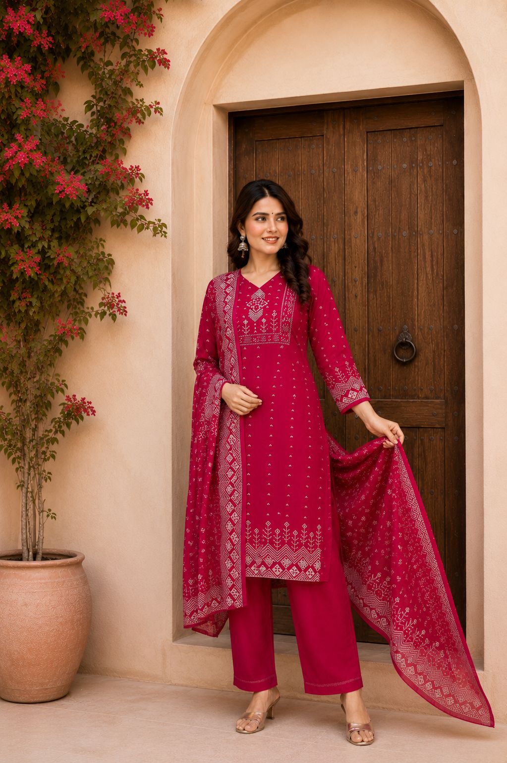 Magenta Ethnic Printed Kurta Pant & Dupatta Set thumbnail 2