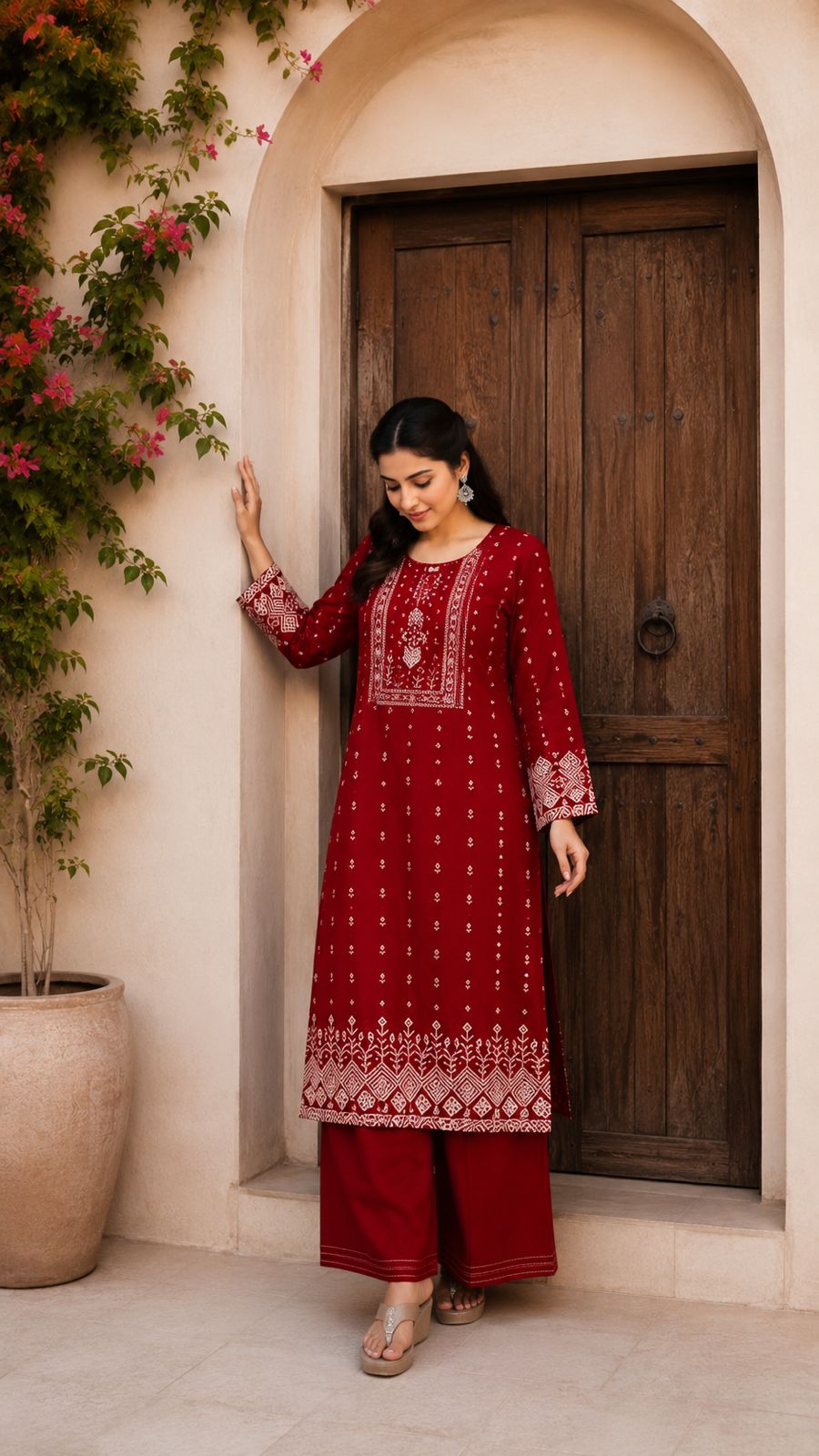 Maroon Ethnic Printed Kurta Set with Dupatta