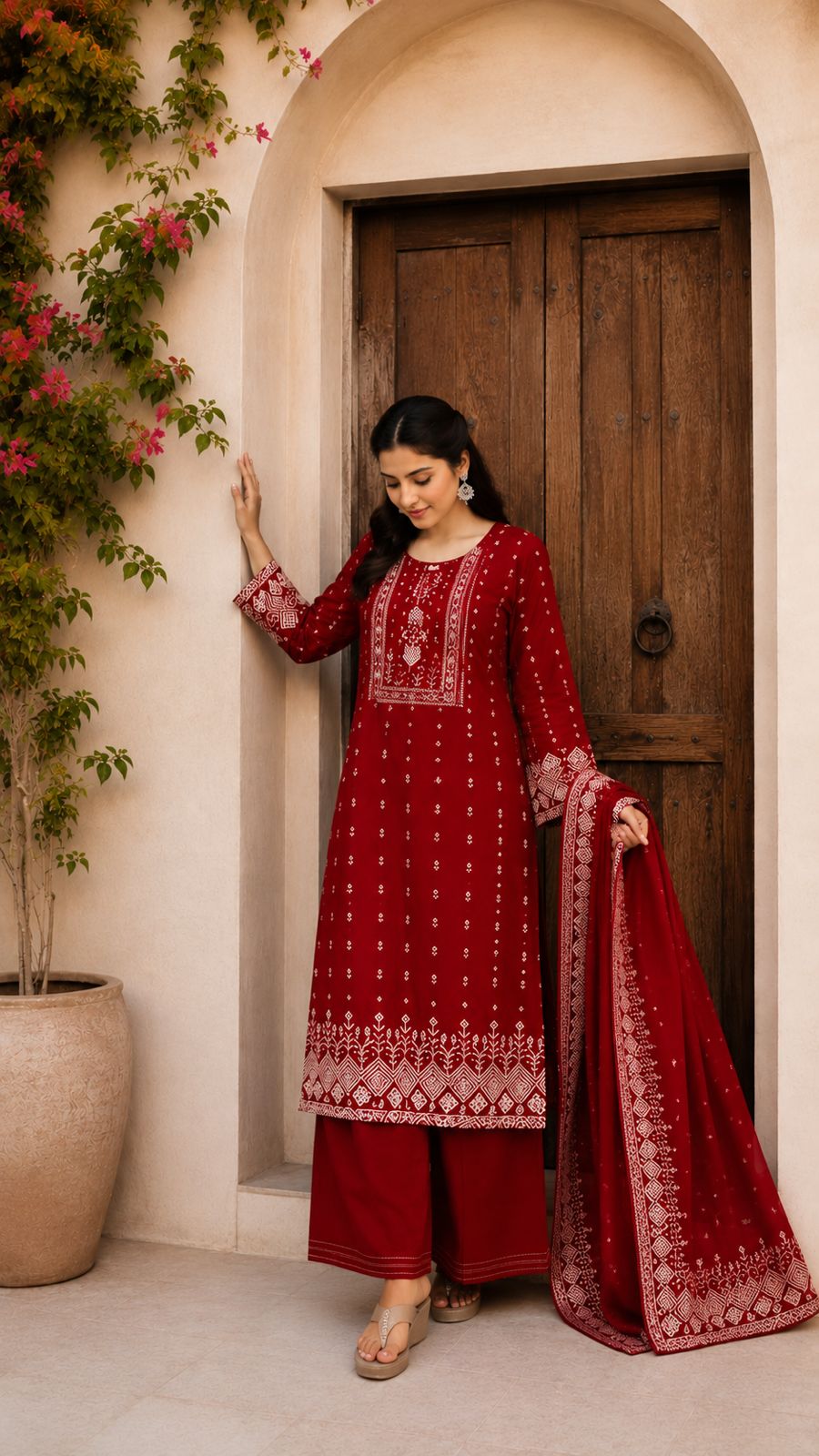 Maroon Ethnic Printed Kurta Set with Dupatta thumbnail 2